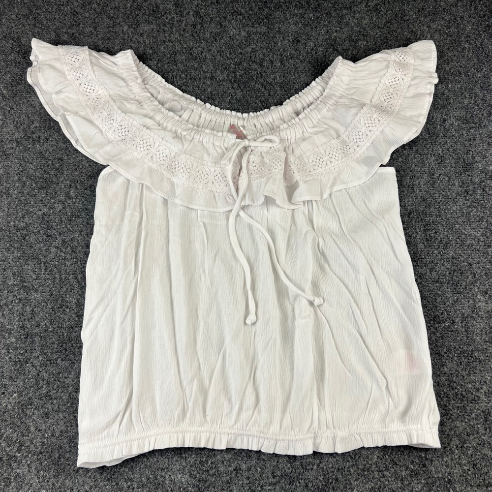 No Boundaries White Boho Lace Ruffle Off Shoulder Peasant Top Large 11-13